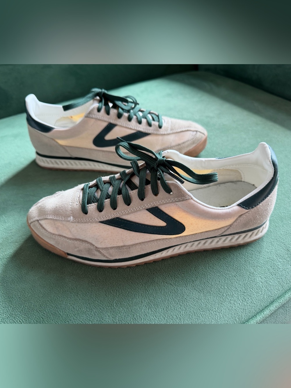 Tretorn Beige Suede Sneakers with Dark Green Accents